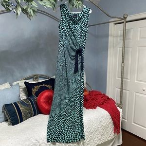Just Taylor sleeveless Maxi Dress with cowl neck and navy ribbon waist tie.